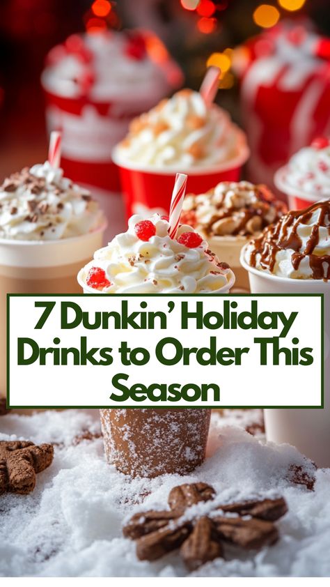 A display of Dunkin's holiday drinks, including peppermint mocha, gingerbread, and toasted white chocolate lattes, set in festive cups against a winter-themed background. Dunkin Hot Chocolate, Hot Dunkin Donuts Drinks To Try, Dunkin Holiday Drinks, Dunkin Christmas Drinks, Dunkin Latte Order, Dunkin Hot Coffee Order, Dunkin Coffee Order Ideas, Dunkin Drink Orders, Dunkin Donuts Drinks