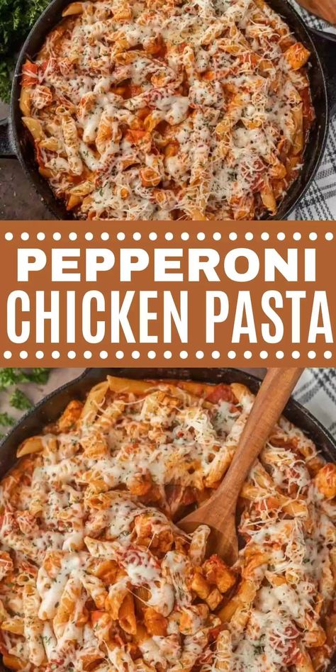 Pepperoni Chicken Pasta Recipe - Chicken Pepperoni Pasta Chicken Pepperoni Pasta, Pepperoni Recipes Healthy, Grilled Chicken Strips Recipes, Pepperoni Pasta Bake, Chicken Pepperoni, Hor Dourves, Pepperoni Pasta, Pepperoni Chicken, Pizza Pasta Bake