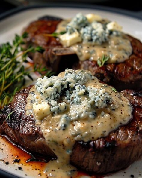 Ribeye Steaks with Blue Cheese Sauce Blue Cheese Steak Sauce, Cheese Sauce For Steak, Steak With Blue Cheese, Spaghetti With Spinach, Ribeye Steak Recipes, Blue Cheese Sauce, Main Entrees, Italian Pasta Dishes, Steak Sauce