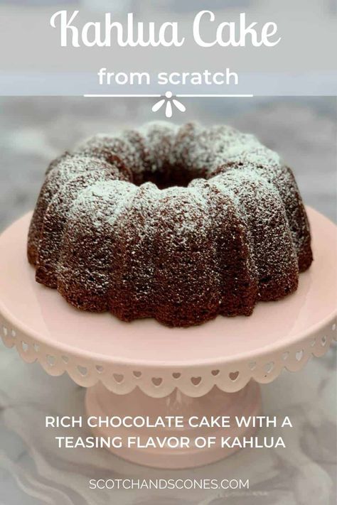 Chocolate Kahlua Cake is an easy chocolate bundt cake with a hint of Kahlua coffee liqueur and studded with chocolate chips, and it's made entirely from scratch - no box mix here! It's as perfect to bring to a potluck as it is to serve after a fancy evening or holiday dinner. Moist and rich, this is the ultimate chocolate bundt cake to make! Kailua Cake, Kahula Cake, Kahlua Chocolate Cake, Easy Chocolate Bundt Cake, Chocolate Kahlua Cake, Kahlua Coffee, Kahlua Cake, Tea Treats, Kahlua Coffee Liqueur