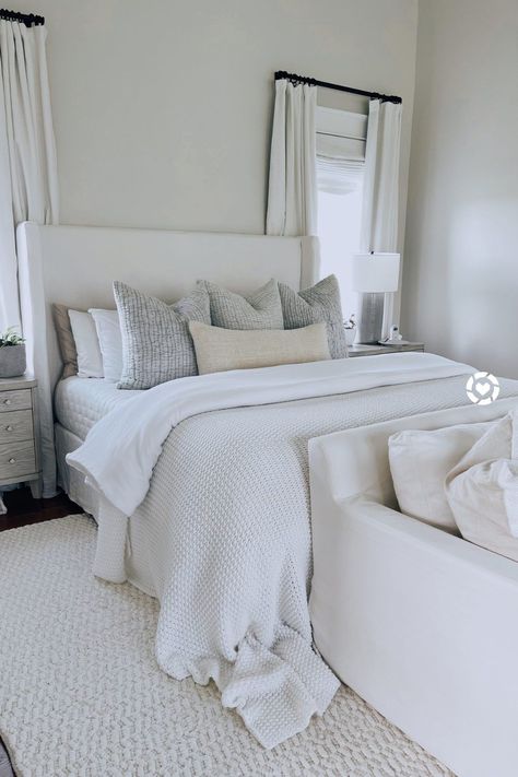 Grey Bed White Bedding, Neutral Queen Bed, White Bedding Guest Room, White Headboard Bed, Linen And White Bedroom, Down Alternative Comforter, Comforter And Quilt On Bed, Queen Bed White Comforter, Cream Bed With White Bedding