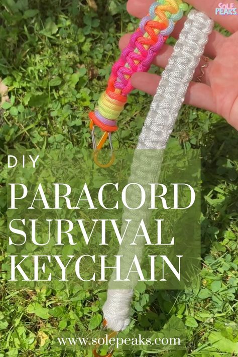 This post details how to make a paracord survival keychain at home with parachute cord, a carabiner clip, scissors and a lighter. Parachute Cord Keychain, Survival Keychain, Parachute Cord Crafts, Cord Crafts, Keychain Tutorial, Survival Essentials, Cords Crafts, Paracord Keychain, Knots Tutorial