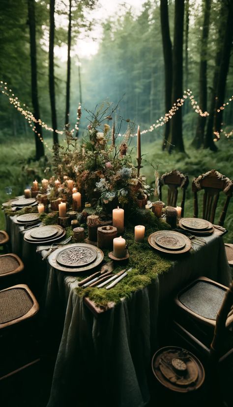 20+ Enchanting Outdoor Wedding Table Decoration Ideas to Inspire Your Special Day 🌿💍 - Laugh Lore Outdoor Enchanted Forest Party, Forest Theme Wedding Centerpieces, Fairy Wedding Theme Enchanted Forest Table Settings, Enchanted Forest Wedding Table Decor, Enchanted Woodland Wedding, Pegan Wedding Decor, Fern Tablescape, Moss Table Setting, Forest Wedding Table Decor