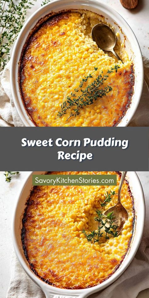 How can you make your Thanksgiving dinner even more special? This Sweet Corn Pudding Recipe offers a scrumptious and unique side that everyone will love. Be sure to save it for your Thanksgiving Recipes so you can impress your family and friends this holiday season! Thanksgiving Corn Casserole, Creamy Corn Pudding Recipe, Thanksgiving Corn Recipes, Creamy Sweet Corn, Easy Corn Pudding, Sweet Cream Corn, Corn Pudding Casserole, Corn Pudding Recipe, Sweet Corn Casserole