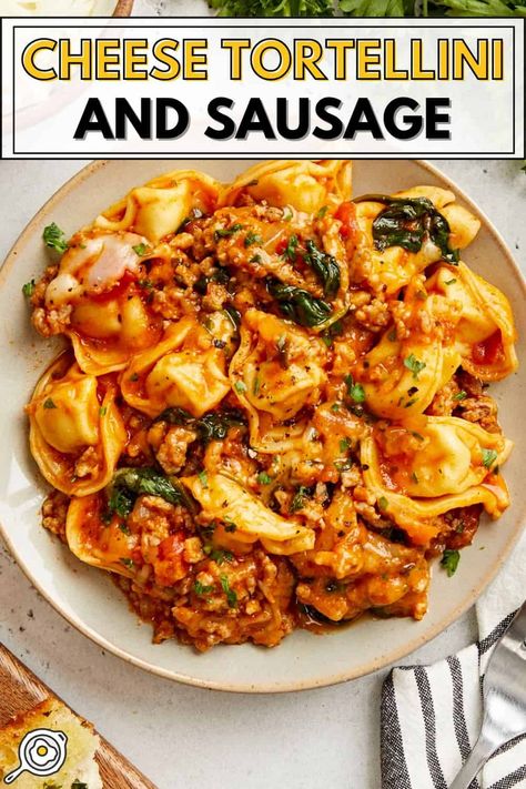 Cheese Tortellini and Sausage Skillet 1 Pot Dinners Healthy, Sausage Skillet Meals, Cheese Tortellini With Sausage, Ground Pork Tortellini Recipes, One Pot Weeknight Meals, Easy Healthy Cheap Meals, Tortellini And Sausage Recipes, One Pot Skillet Meals, Weeknight Dinner Easy Healthy