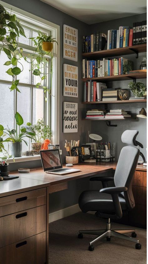 Modern Rustic Office Ideas, Computer Office Design, Home Office Box Room, Office Desk In Front Of Window, Software Engineer Desk Setup, Cottage Core Office Ideas, Workshop Room Design, Men’s Study, Study Ideas Room