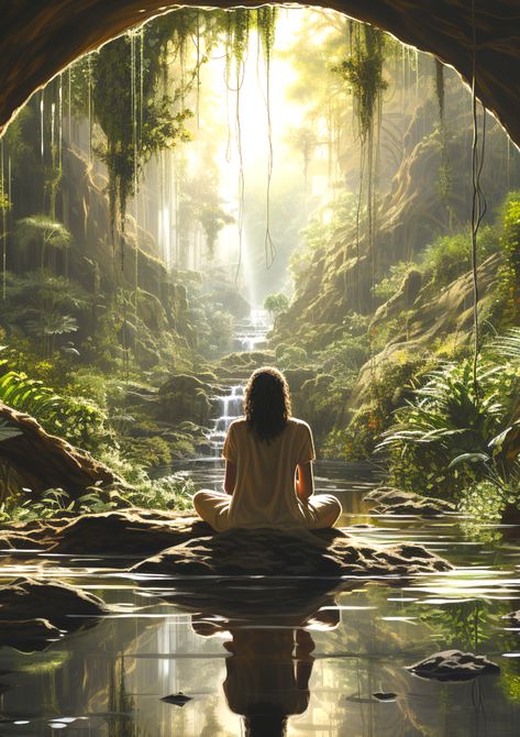 Person meditating surrounded by water, plants and trees. Quiet place that transmits a lot of peace. #meditation #nature #midjourney #digitalart Meditate In Nature, Meditation In Nature Aesthetic, Calm Pictures Nature, Meditation Images Beautiful, Zen Vibe Photos For Some Calm, Calming Nature Aesthetic, Beautiful Nature Scenes Peace, Meditating In Nature, Meditation In Nature