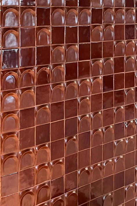 Our Red Vermouth Tiles have amazing orange and brown undertones. Burgundy Tile Bathroom, Tile Wall Restaurant, Brown Tiles Kitchen, Brown And Red Aesthetic, Tiled Bar, Restaurant Tiles, Tile Bar, Orange Tile, Bar Tile