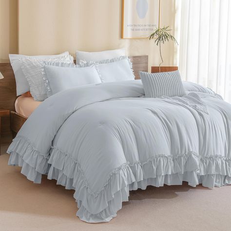 PRICES MAY VARY. 【Ultra Soft Material】Masaca vintage farmhouse bedding comforter king size is with latest stone washed process craft,ultra softer touch feeling than other similar items.Comfy and fluffy for all seasons. 【Farmhouse Ruffle Style】Masaca cornflower blue ruffle ruffled king bedding comforter set is with 2-layer HANDMADE ruffle hems and solid light blue color,this farmhouse shabby boho chic king bed set will help you build a french style house that full of vintage farmhouse looking.Per Soft Cozy Bed, Grown Up Bedding, Blush And Navy Bedding, Comforter King Size, White And Blue Comforter Bedroom, Light Blue Girls Bedding, White Bed Table, Blue And White Sheets Bedroom, Blue Ruffle Bedding