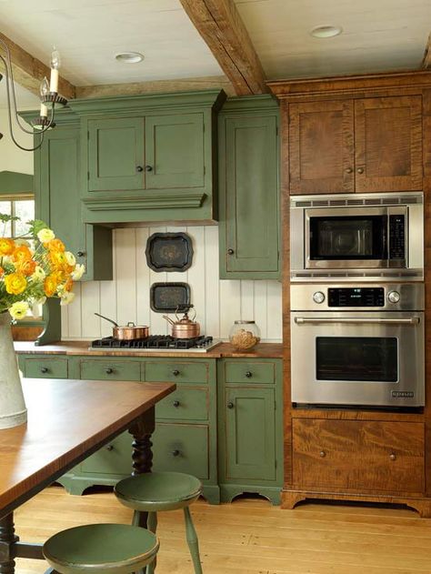 Love the idea of stove top on "furniture" and how the vent and light are hidden by the cabinet. Modern Kitchen Trends, Dapur Rustic, Rustic Farmhouse Kitchen Cabinets, Stove Kitchen, Rustic Kitchen Cabinets, Kabinet Dapur, Green Kitchen Cabinets, Farmhouse Kitchen Cabinets, Rustic Farmhouse Kitchen