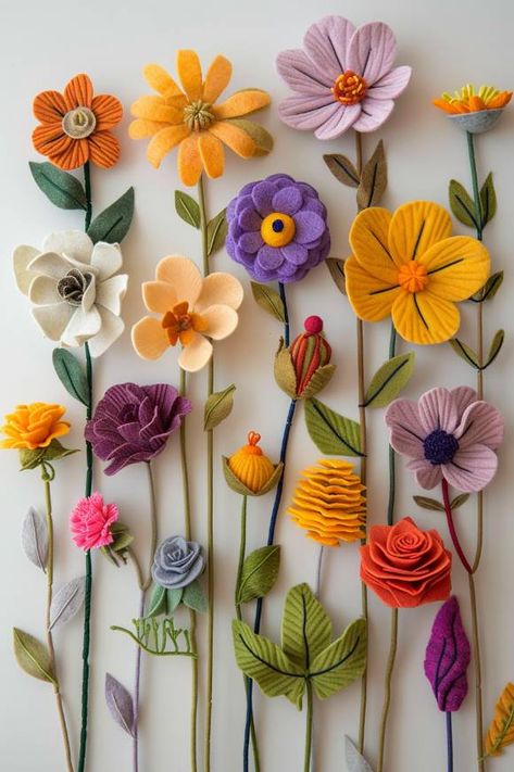 37 Creative Felt Craft Ideas for Fun DIY Art Projects at Home Felt Flower Wall Art, Felt Flowers Embroidery, Small Felted Projects, Felt Embroidery Flowers, Felt Home Decor Diy, Felt Flower Centerpiece, Craft Felt Projects, Crafting With Felt, Felt Embroidery Projects Ideas