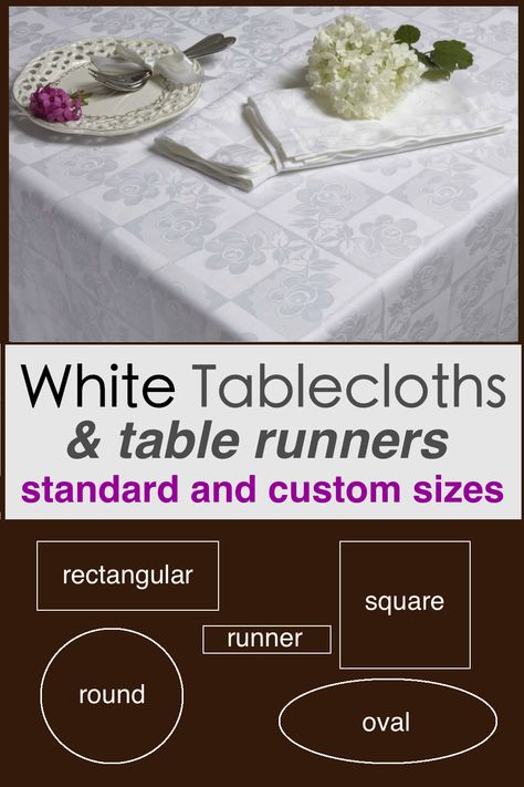 Create your own white tablecloth or table runner online with Aletta Smit homeware's DIY tool. Decorate your dining room table with beautiful Italian cotton damask or pure linen fabrics. Custom sizes are available for oval, rectangular, square and round tables. Hint: Your custom made tablecloth will make a wonderful gift for a wedding or birthday :-) Table Runner Size Chart, Table Runner Size, White Tablecloth, Round Tables, Linen Fabrics, White Table Cloth, Simple Table, Tablecloth Fabric, Table Cloths