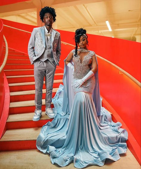 Sparkly Blue Prom Dresses, Blue And Grey Prom Couple, Blue Prom Dresses 2024, Gray Prom Dress Black Couple, Prom Dresses Black Girls 2023, Prom Outfits For Couples Black, Rating Prom Dresses, Prom Dresses With Date, Prom Poses Black Women