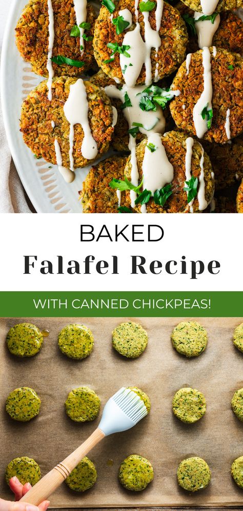 Craving a delicious and healthy Middle Eastern dish? You need to try this easy baked falafel recipe using canned chickpeas! These crispy and flavourful falafels are made with simple ingredients like canned chickpeas, fresh herbs, and spices, and they're baked instead of fried for a healthier twist. Perfect for a vegan wrap, pita sandwich, or salad topping, these oven-baked falafels are a great source of protein and can be made in 30 minutes. Try quick and easy baked falafels today! Airfry Falafel Recipe, Easy Vegan Falafel Recipe, Easy Baked Falafel, Easy Falafel Recipe Baked, Simple Falafel Recipe, Baked Falafel Recipe Canned Chickpeas, Falafel Recipe Vegan, Easy Falafel Recipe Canned Chickpeas, Canned Chickpea Recipes Dinners