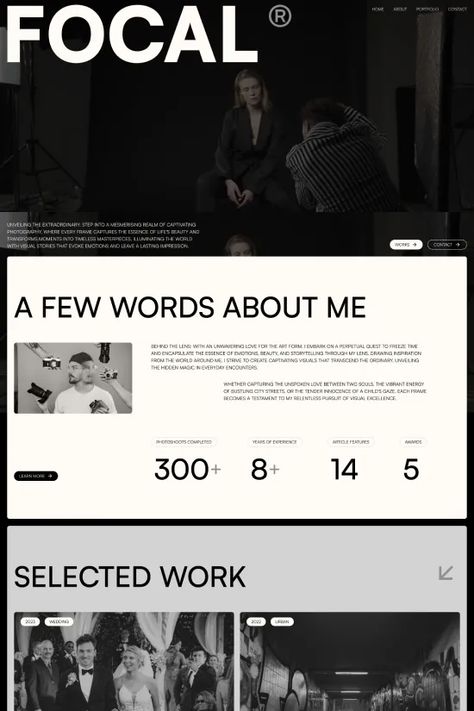 Explore Focal, a modern dark Black and White Minimalist Webflow website template. Perfect for creative professionals, this template offers a sleek design with a focus on showcasing work elegantly. Ideal for photographers, it presents a well-balanced layout and immersive user experience. Black And White Editorial Design, Website Templates Design, Black And White Website Inspiration, Elegant Website Design Layout, Black White Gold Website Design, Minimalistic Website Design Inspiration, Website Black And White, Monochromatic Website Design, Minimalist Portfolio Website