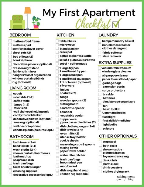 FREE PRINTABLE: My First Apartment Checklist. From furniture and kitchen necessities to cleaning supplies and all the extras, this handy list will make shopping for your first apartment (or house) a snap! #firstapartmentchecklist #firstapartment #firstapartmentchecklist #freeprintables Condo Essentials List, Apartment Move In Checklist First Time, My First Place Checklist, Future House List, House Furniture Checklist, House Necessities List First Apartment, List Of Everything You Need For A House, New Apartment Checklist Kitchen, Shopping For Apartment