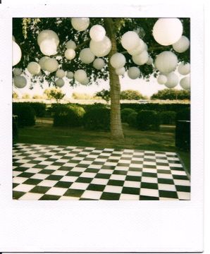 Wedding Styling - Black and white checkered #dancefloor #paperlanterns #wedding #polaroid www.meetthefoleys.com Checkerboard Wedding Floor, Checkered Dance Floor Outdoor Wedding, Backyard Wedding Dancefloor, Black And White Dancefloor Wedding, Backyard Black And White Wedding, Wedding Dancefloor Aesthetic, Checkered Floor Wedding, Black And White Checkered Floor Wedding, Black And White Wedding Dance Floor