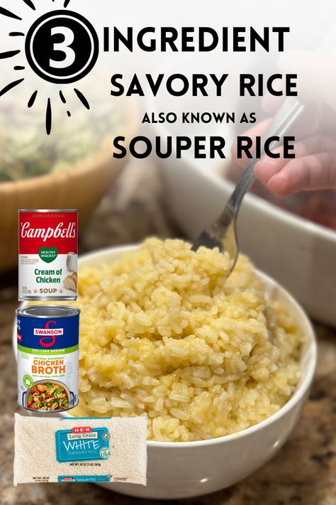 This 3 ingredient Savory Rice recipe is a foolproof method to make perfect rice every single time. Ready in less than 15 minutes, the secret ingredients are stock and creamy canned soup. Trust me when I say this is a fan favorite and is delicious served with vegetables, chicken, fish, or steak. 5 Ingredient Souper Rice, Creamy Souper Rice, Souped Up Rice, Chicken Seasoned Rice, Rice For Rice Bowls, One Minute Rice Recipes, Bagged Rice Recipes, Soupy Rice Recipe, Souper Rice With Regular Rice