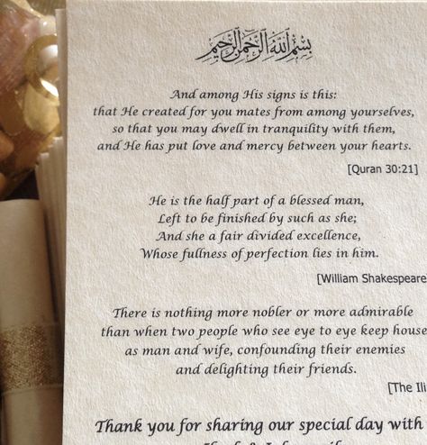 Islamic wedding favours - nikkah favour ideas - Muslim quotes and poetry scrolls Nikkah Itinerary, Nikkah Captions, Islamic Wedding Ideas, Nikkah Favours, Nikkah Quotes, Wedding Card Writing, Islamic Wedding Quotes, Wedding Gift Poem, Wedding Wishes Messages