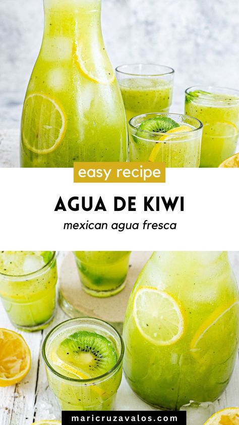 collage of agua de kiwi with text overlay Kiwi Agua Fresca, Mexican Pineapple Water Recipe, Kiwi Drink Recipes, Aguas Frescas Mexicanas Recipes, Mexican Aguas Frescas, Kiwi Lemonade Recipe, Kiwi Refresher, Kiwi Juice Recipe, Aquas Frescas