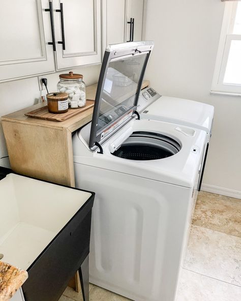 Over Washer Dryer Shelf, Shelf Over Top Loader Washer And Dryer, Diy Shelf Over Washer And Dryer, Over The Washer And Dryer Shelf, Behind Washer And Dryer Shelf Diy, Laundry Room Shelf Over Washer And Dryer, Laundry Utility Room Ideas, Top Load Laundry Room, Shelves Over Washer And Dryer