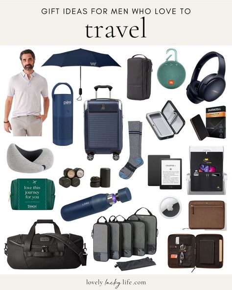 This list of 20 unique travel gifts has something for every type of traveler, from practical gadgets to stylish accessories. Whether he's a frequent flyer or a road trip enthusiast, these gifts will make his travels even more enjoyable. #travel #giftideas #giftguide #fathersday #giftsfordad #giftsforhim #travelhacks #musthaves #amazonfinds Work Travel Essentials Men, Gifts For Metrosexual Men, Amazon Gadgets For Men, Gifts For Travelers Men, Men Essentials Man Stuff, Men’s Gift Guide, Gift Ideas For Car Guys, Travel Essentials For Men, Men Gift Guide