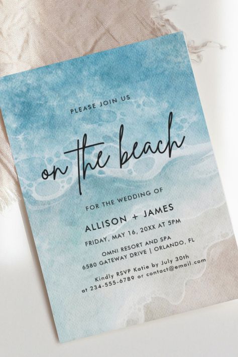 card size 5" x 7", summer, beach, watercolor style Diy Wedding Beach, Reception On The Beach, Beach Wedding Schemes, Light Blue And White Beach Wedding, Wedding Beach Invitations, Affordable Beach Wedding, Beach Christmas Wedding, Boho Beach Wedding Invitations, Summer Wedding Beach