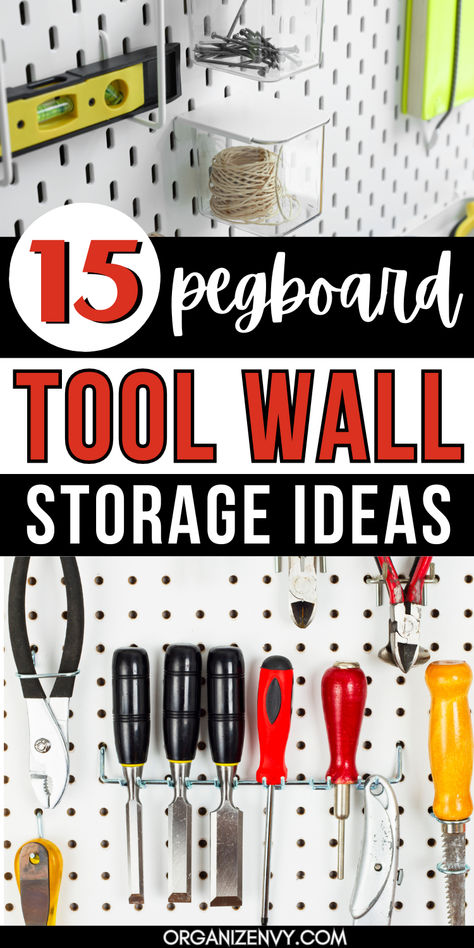 Tools and hardware stored on a pegboard wall Garage Organization Ideas Pegboard, Pegboard Tool Organization Ideas, Hanging Tools In Garage, Electrical Cord Storage Ideas, Tool Wall Storage Diy, Peg Board Tools, Peg Board Tool Organization, Garage Pegboard Ideas, Garage Pegboard Organization