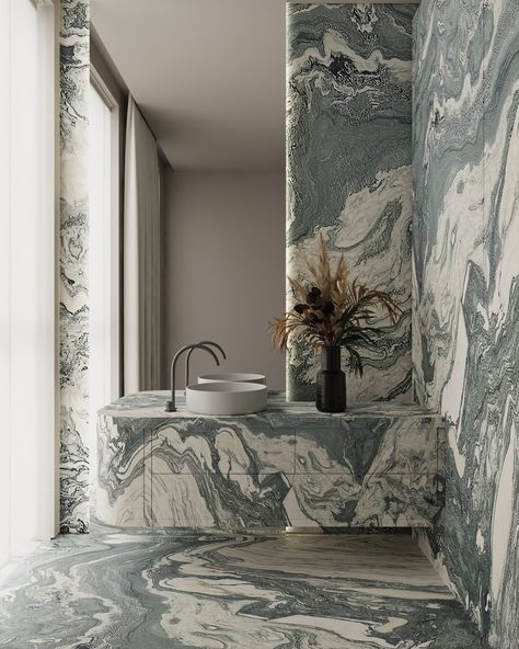 This breathtaking bathroom, crafted with ARCA’s Fantastico Arni Marble is a testament to sophisticated design. The striking interplay of colors and textures creates a truly unique space. #ARCAStone Available in the US. . . #architecture #interiordesign #luxuryinteriors #floridahomes #luxeinteriors #bathroomdesign #interiors #moderninteriors #luxurydesign #luxuryinteriors #powderroom #interiorinspiration #greenmarble Stone Toilet Design, All Marble Bathroom, Marble Powder Room, Oasis Bathroom, Marble Toilet, Marble Interior Design, Bathroom With Marble, Texture Aesthetic, Marble Bathrooms