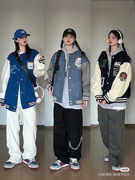 Outfit Inspo Varsity Jacket, Streetwear Fashion Jacket, Outfit With Varsity Jacket, Baggy Jacket Outfit, Boyish Outfits Tomboys, Korean Tomboy Style Outfit, Varsity Jacket Outfit Women, China Streetwear, Casual Tomboy Outfits