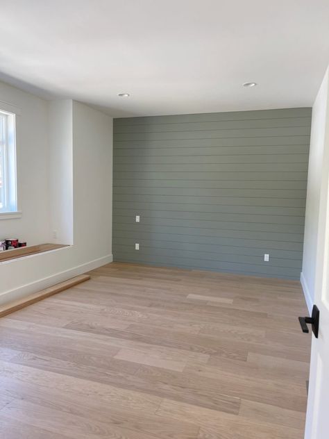 Gray Green Paint Colors Bedroom, White Walls With Sage Green Accent Wall, Master Bedrooms Decor Green Accent Wall, White Wall With Green Accent, Evergreen Wall Paint, October Mist Accent Wall, Coloured Shiplap Wall, Bedroom Accent Wall Colours, Save Green Paint