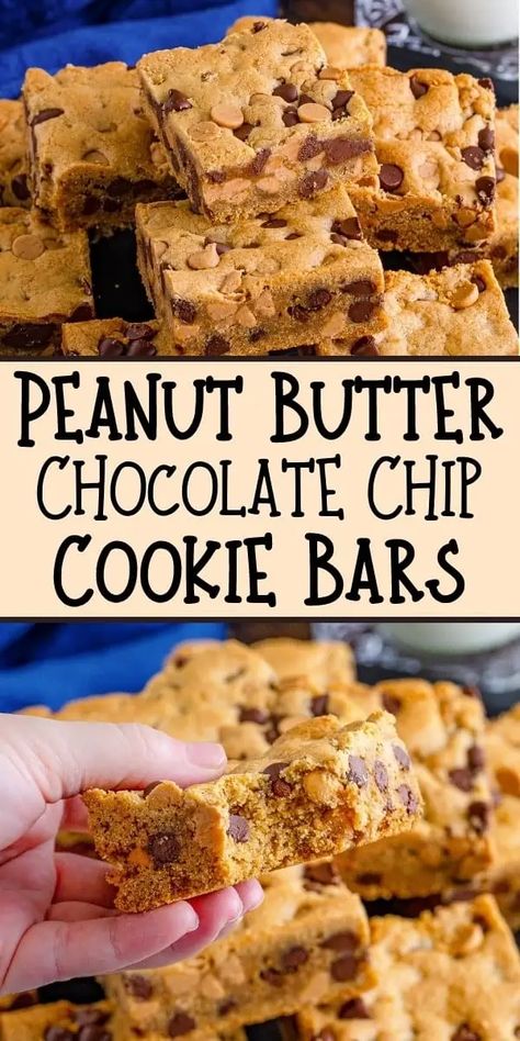 Chocolate Chip And Peanut Butter Chip, Peanut Butter Baking Chips Recipes, Choc Chip Peanut Butter Bars, What To Make With Peanut Butter Chips, Peanut Butter Chocolate Cookie Bars, Peanut Butter Oatmeal Chocolate Chip Bars, Peanut Butter Bar Cookies Recipes, Peanut Butter Chocolate Chip Bars 9x13, Peanut Butter Cookies Bars