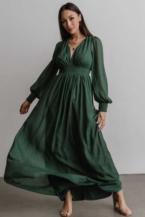 Juliette Shimmer Maxi Dress | Green - Baltic Born Bishop Sleeve Dress, Forest Green Dresses, Dresses Velvet, Dresses Holiday, A Line Maxi Dress, Baltic Born, Dress Aesthetic, Rust Dress, Dresses Bridesmaid