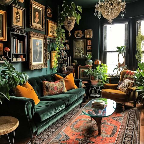 Sophisticated Dark Green Living Room Palettes for a Luxurious Feel • 333+ Images • [ArtFacade] Cozy Eclectic Home, Dark Green Living Room, Interior Decorating Styles, Casa Vintage, Bedroom Wall Colors, Green Sofa, Trendy Living Rooms, Living Room Green, Interior Modern