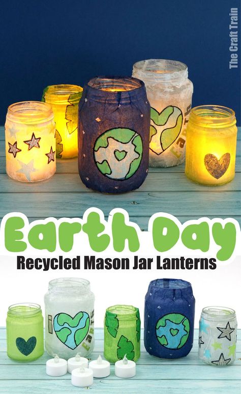 A set of lanterns made from tissue paper for Earth Day Recycled Crafts For Earth Day, Project For Earth Day, Recycled Projects For School Useful, Recycling Projects For School Earth Day, Kids Recycle Project, Earth Day Recycled Crafts, Earth Day Recycle Projects Ideas, Recycling Decoration Ideas, Earthday Craft For Kids