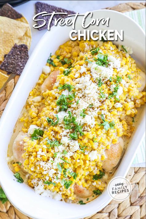 This Mexican Street Corn Chicken Bake recipe is super fast to make and such a delicious family dinner! With the flavors of Elote Corn smothered on top of tender chicken breast and then baked to tender perfection, this recipe is perfect for a busy weeknight. This chicken recipe with a few ingredients still packs in the flavor with sweet corn baked in a combination of mayonnaise, sour cream, spices and cheese for a kid friendly dinner the whole family will love! Mexican Street Corn Chicken Bake, Chicken And Creamed Corn, Chicken Corn Bake, Mexican Corn Chicken, Corn And Chicken Recipes, Mexican Street Chicken, Chicken And Corn Recipes, Street Corn Chicken Rice Bowl, Elote Chicken