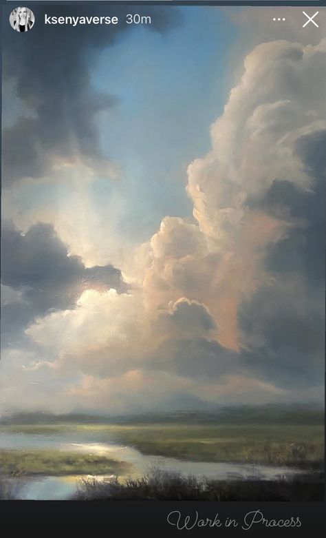 Clouds Over Ocean Painting, Stormy Skies Painting, Watercolor Clouds Sunset, Sky Painting Ideas On Canvas, Painting Sky Clouds, How To Paint A Sky, Cloudy Painting, Clouds On Canvas, Weather Painting