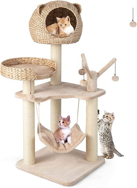 Amazon.com : Giantex Wooden Cat Tree, 48 inches Cat Tower with Cattail Condo, Cat Bed, Hammock, Rotatable Jingling Balls, Natural Sisal Scratching Posts, Removable Cushion, Multi-Level Kitten Activity Center : Pet Supplies Wooden Cat Tree, Cat Scratching Tree, Modern Cat Tree, Cat Activity, Luxury Cat, Wood Cat, Cat Condo, Cat Climbing, Cat Scratching Post