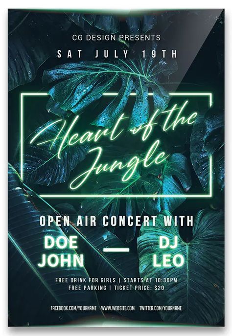 Neon Jungle Flyer Template PSD Jungle Party Flyer, Jungle Flyer, Neon Jungle, Techno Party, Jungle Fever, Jungle Party, Welcome To The Jungle, Modern Tropical, Album Cover Design