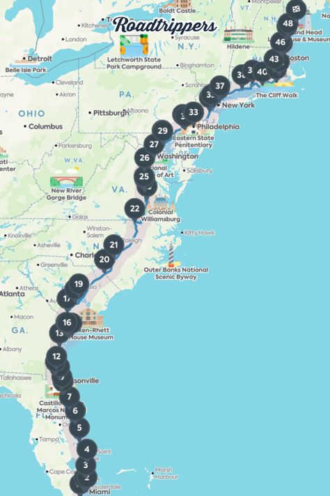 East Coast Road Trip Map, Atlantic Coast Road Trip, I-95 Road Trip, Road Trip Routes United States, Cross Country Road Trip Aesthetic, Motorhome Trip, Solo Road Trip, Florida Road Trip, Road Trip Map