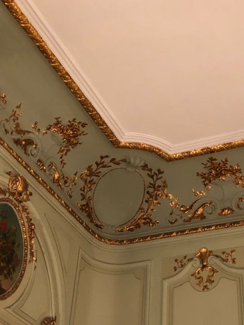 Victorian Accent Wall, Ceiling Ideas Painted, Gold Trim Walls Moldings, Gold Crown Molding, Gold Leaf Ceiling, Room Ceiling Ideas, Rounded Ceiling, Gold Molding, Gold Trim Walls