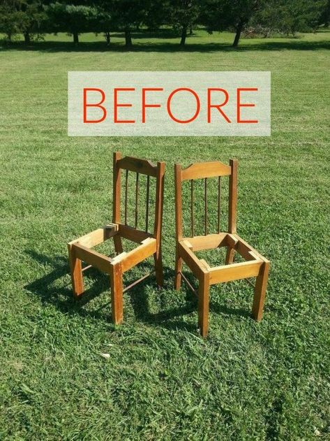 Wooden Chair Makeover, Refurbished Chairs, Old Wooden Chairs, Sleigh Bed Frame, Old Bed Frames, Wooden Outdoor Furniture, Chair Redo, Chair Makeover, Old Chairs