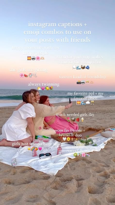 Caption For Beach Photos With Friends, Emoji For Best Friend, Bestie Emoji Combos, Vacay Emoji Combos, Best Friend Emoji Combos, Friends Emoji Combinations, Group Instagram Captions, Insta Story With Best Friend, Girls Day Out Captions