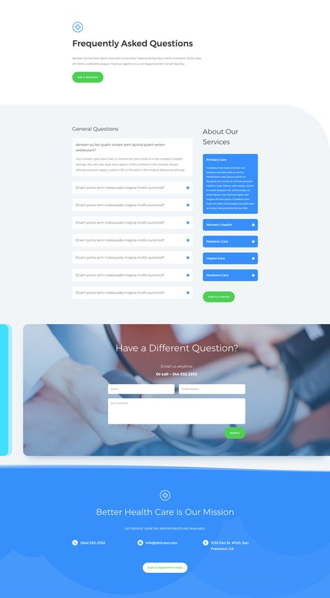 For the first layout this week, our design team created a Doctor’s Office Layout Pack that is both professional and clean (something we all love in a doctor’s office). This pack has 8 different pages designed to deliver information clearly and proficiently. The FAQ page keeps information tidy with an effective use of toggles. The services page is primed for showcasing your medical services with custom icons. And the single service page is a useful bonus. Check it out. Divi Layouts, Beautiful Web Design, Services Page, Doctors Office, App Landing Page, Doctor's Office, Ui Design Website, Wordpress Tutorials, Office Layout
