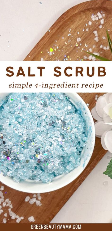 DIY Salt Scrub💛Homemade Salt Scrub Recipe 👉Click HERE for the tutorial Epsom Salt Exfoliating Scrub Diy, Salt Hand Scrub Diy Recipes, Sugar Scrub Recipe Without Coconut Oil, Salt Scrub Diy Recipes, Salt Scrubs Diy, Epsom Salt Scrub Diy, Homemade Bath Scrub, Sea Salt Scrub Recipe, Diy Salt Scrub Recipe