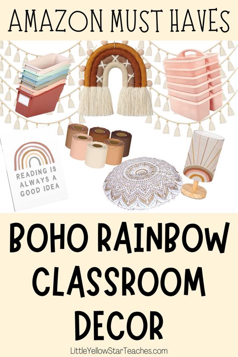 Rainbow Wall Classroom, Boho Classroom Inspiration, Neutral Rainbow Classroom Decor, Classroom Decor Amazon, Boho Classroom Themes Elementary, Amazon Classroom Decor, Boho Style Classroom, Classroom Boho Decor, Boho Classroom Decor Ideas Elementary