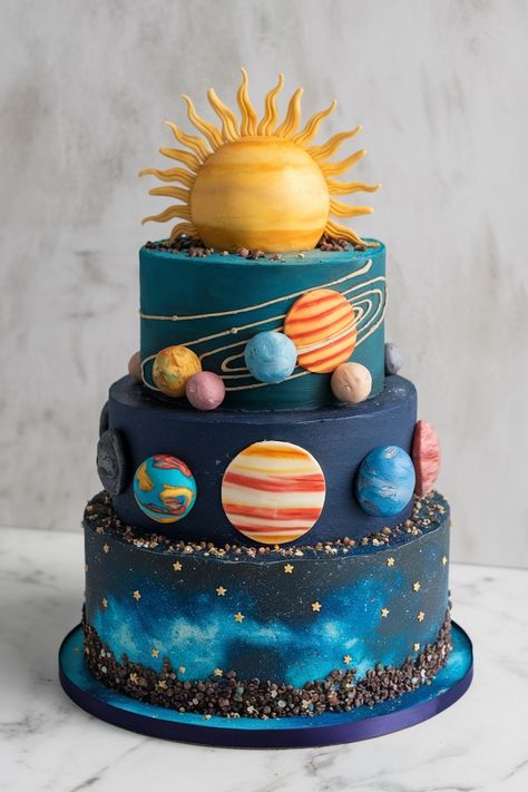 Stunning Solar System Cake with Edible Sun and Planets Astronomy Birthday Cake, Science Themed Cake, Space Cakes Kids Boy Birthday, Birthday Cake Aesthetic Blue, Astronomy Cake, First Trip Around The Sun Birthday Party Cake, Sun Themed Cake, Space Cake Ideas, 11 Birthday Cake