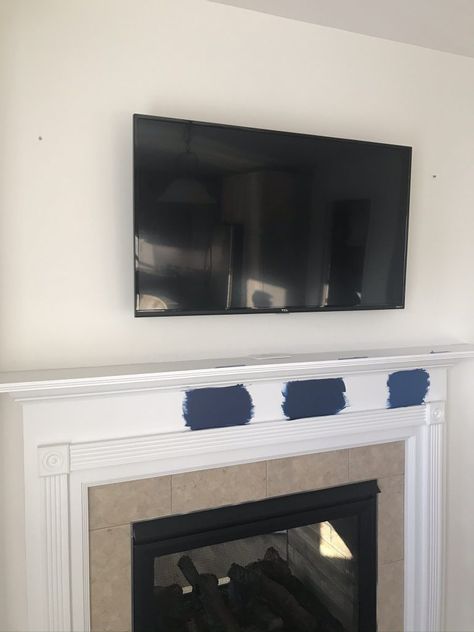 Oh Yes, I painted our fireplace blue! | Mitzi Beach Navy Blue Fireplace Mantel, Dark Blue Fireplace Mantle, Paint Fireplace Mantle, Fireplace Colors Painted, Green Fireplace Mantle, Colored Fireplace Painted, Painting Fireplace Mantel, Dark Painted Fireplace, Blue Fireplace Wall