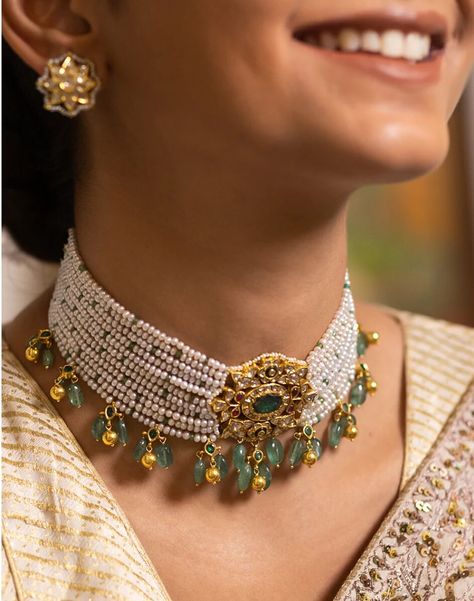 VeroniQ Trends-Elegant Fresh Water Pearls Choker Necklace in 92.5 Silver And Kundan-Green Beads-South Indian-Wedding-USA-Dubai-Earrings by VeroniQTrends on Etsy Jadau Choker, Unique Wedding Jewelry, Multi Gemstone Necklace, Choker Necklace Designs, Kundan Choker, Jewel Wedding, Polki Necklace, Kundan Necklace, Polki Jewellery