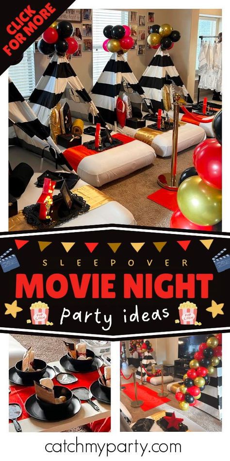 Movie Night Slumber Party Ideas, Slumber Party Movie Night, Movie Theme Sleepover Ideas, Movie Night Sweet 16, Inside Movie Night Ideas, Sweet 16 Movie Party Ideas, Indoor Movie Night Birthday Party Ideas, Movie Night Sleepover Party, Movie Sleepover Ideas